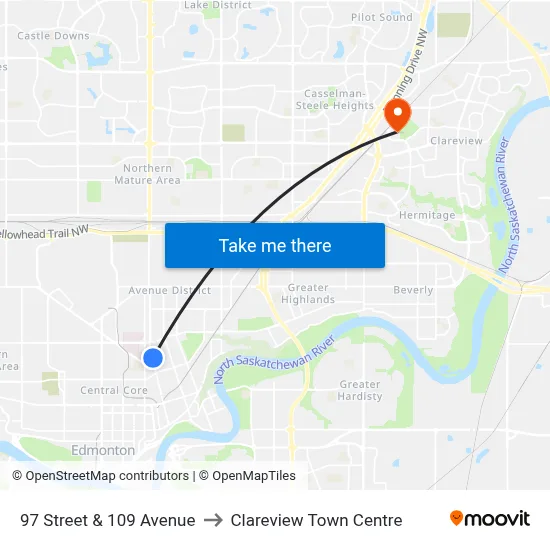 97 Street & 109 Avenue to Clareview Town Centre map