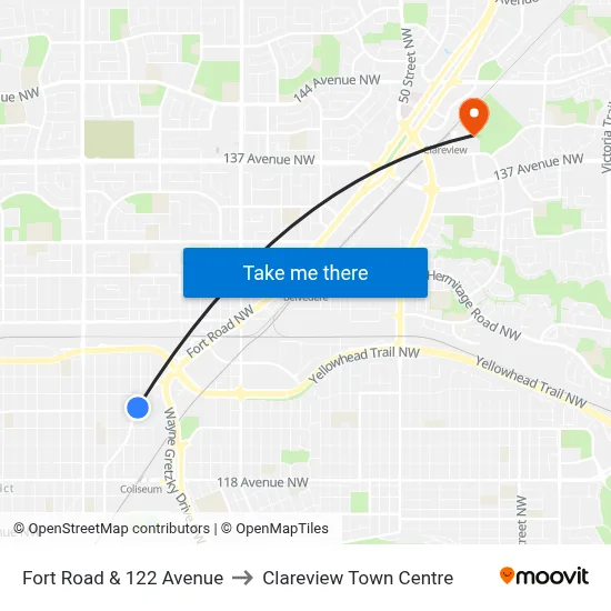 Fort Road & 122 Avenue to Clareview Town Centre map