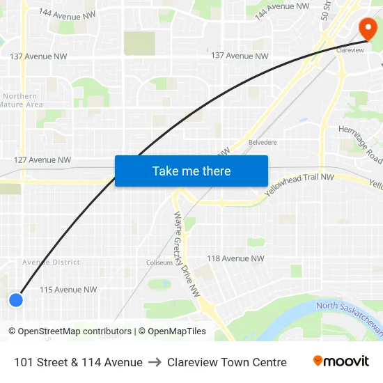 101 Street & 114 Avenue to Clareview Town Centre map