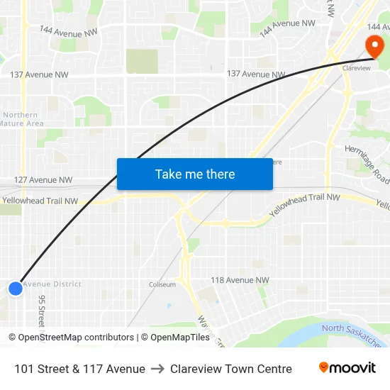 101 Street & 117 Avenue to Clareview Town Centre map