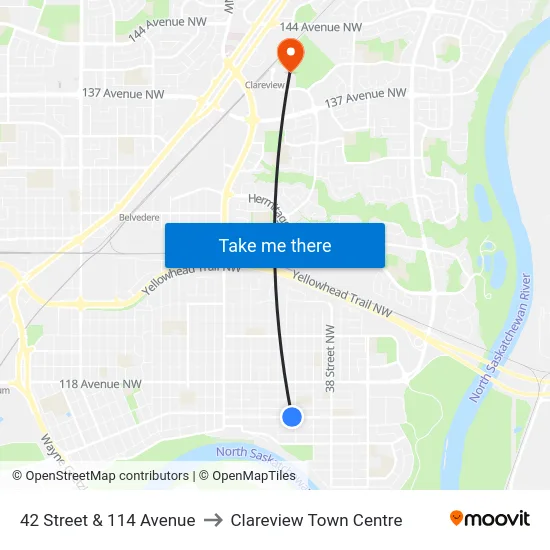 42 Street & 114 Avenue to Clareview Town Centre map