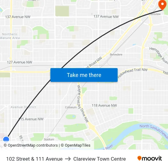 102 Street & 111 Avenue to Clareview Town Centre map