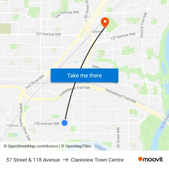 57 Street & 118 Avenue to Clareview Town Centre map