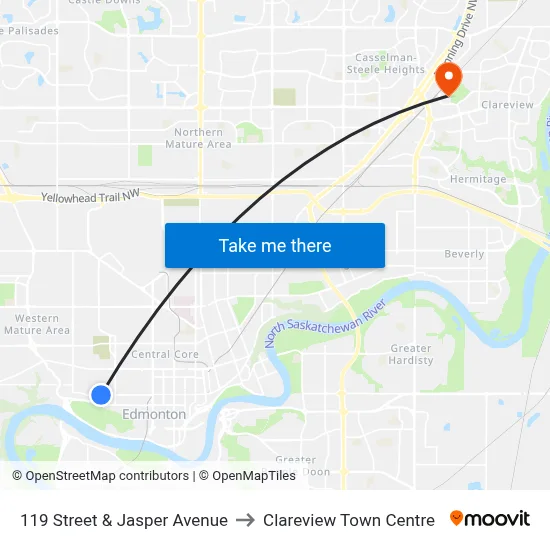 119 Street & Jasper Avenue to Clareview Town Centre map