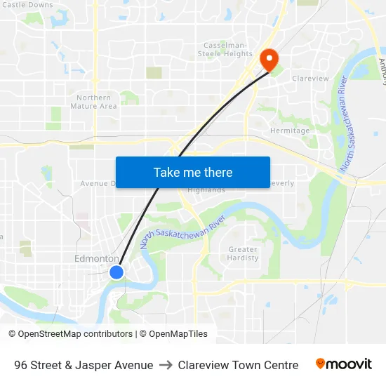 96 Street & Jasper Avenue to Clareview Town Centre map