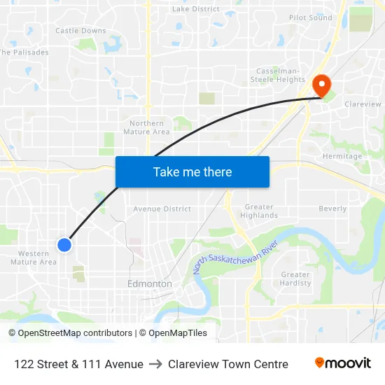 122 Street & 111 Avenue to Clareview Town Centre map