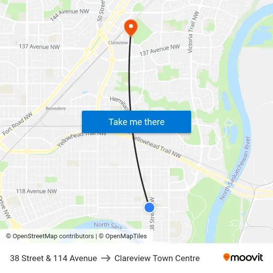 38 Street & 114 Avenue to Clareview Town Centre map