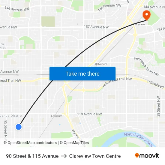 90 Street & 115 Avenue to Clareview Town Centre map