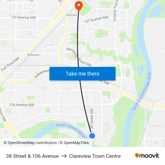 38 Street & 106 Avenue to Clareview Town Centre map