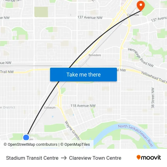 Stadium Transit Centre to Clareview Town Centre map