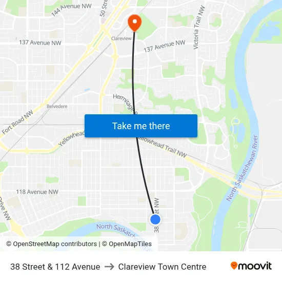 38 Street & 112 Avenue to Clareview Town Centre map