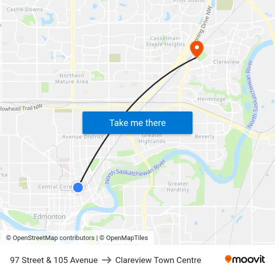 97 Street & 105 Avenue to Clareview Town Centre map