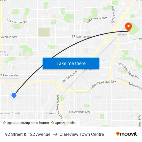 92 Street & 122 Avenue to Clareview Town Centre map
