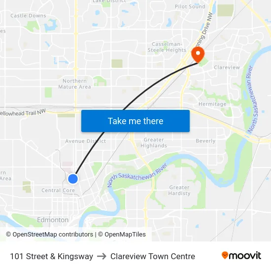 101 Street & Kingsway to Clareview Town Centre map