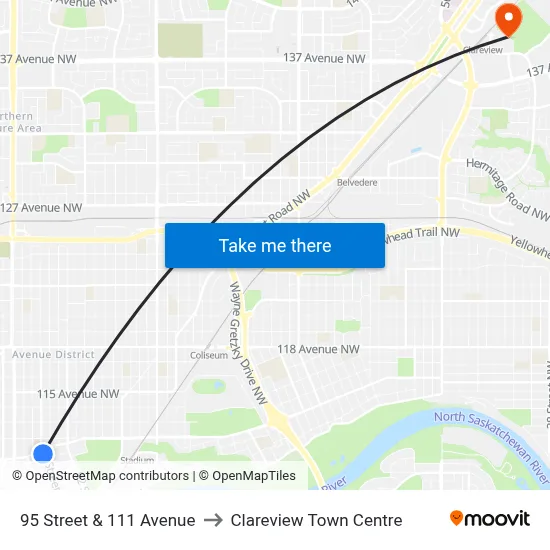 95 Street & 111 Avenue to Clareview Town Centre map