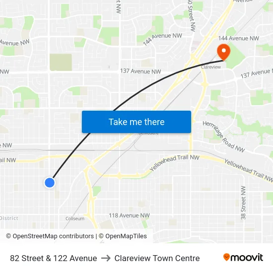 82 Street & 122 Avenue to Clareview Town Centre map