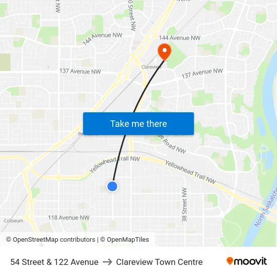 54 Street & 122 Avenue to Clareview Town Centre map