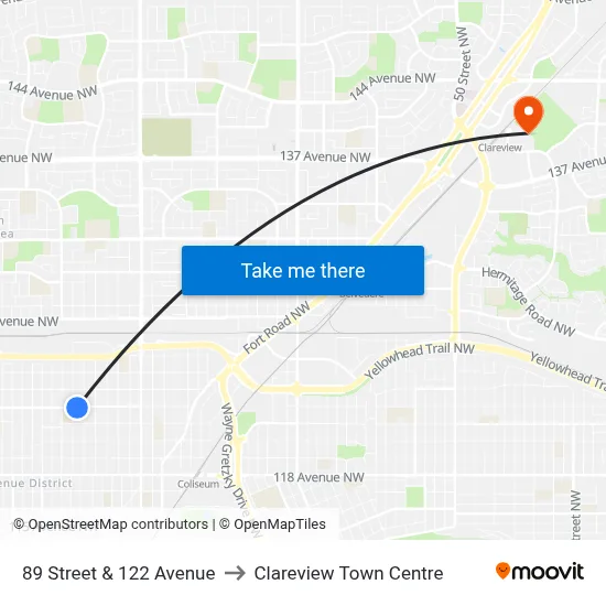 89 Street & 122 Avenue to Clareview Town Centre map