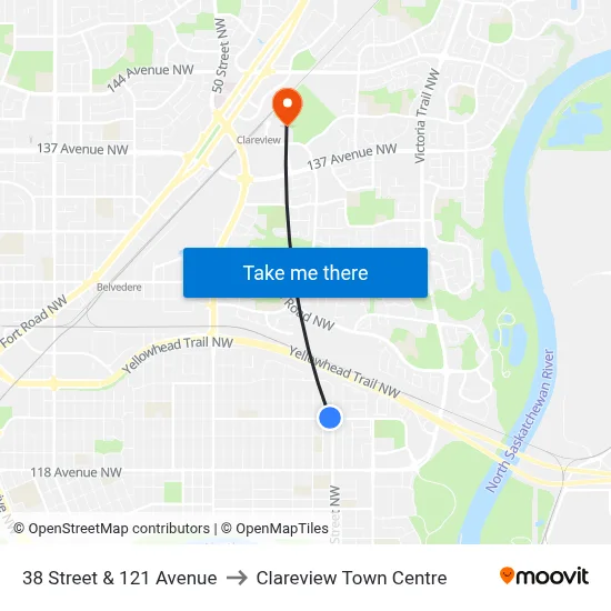 38 Street & 121 Avenue to Clareview Town Centre map