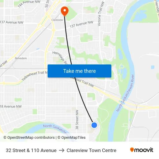 32 Street & 110 Avenue to Clareview Town Centre map