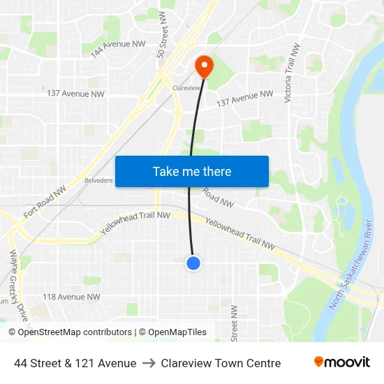 44 Street & 121 Avenue to Clareview Town Centre map