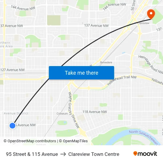 95 Street & 115 Avenue to Clareview Town Centre map