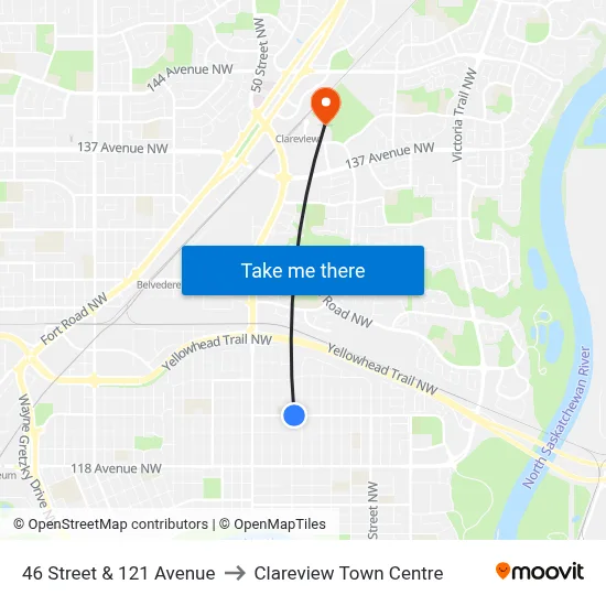 46 Street & 121 Avenue to Clareview Town Centre map
