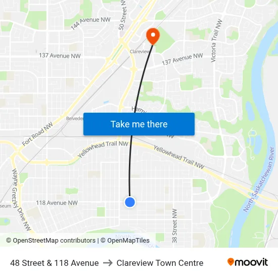 48 Street & 118 Avenue to Clareview Town Centre map