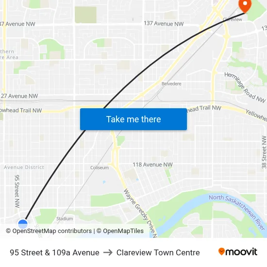 95 Street & 109a Avenue to Clareview Town Centre map