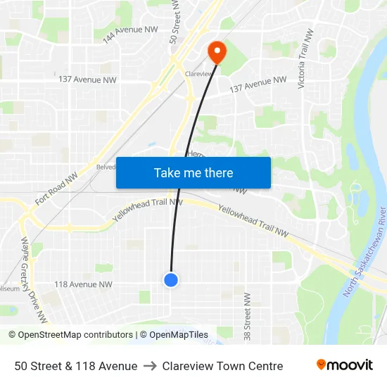 50 Street & 118 Avenue to Clareview Town Centre map