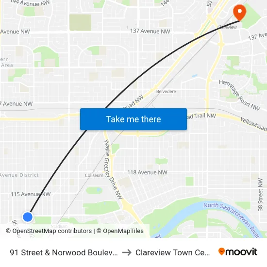 91 Street & Norwood Boulevard to Clareview Town Centre map