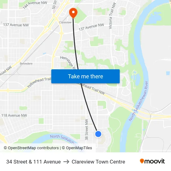 34 Street & 111 Avenue to Clareview Town Centre map