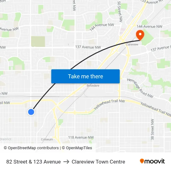 82 Street & 123 Avenue to Clareview Town Centre map