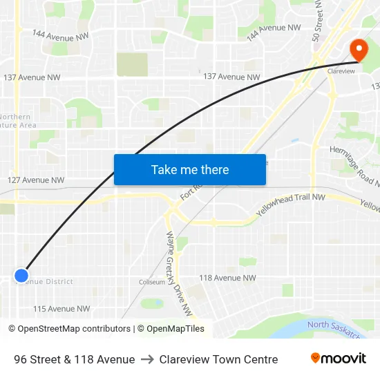 96 Street & 118 Avenue to Clareview Town Centre map
