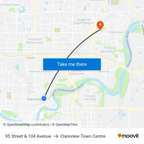 95 Street & 104 Avenue to Clareview Town Centre map