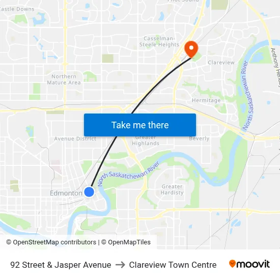 92 Street & Jasper Avenue to Clareview Town Centre map