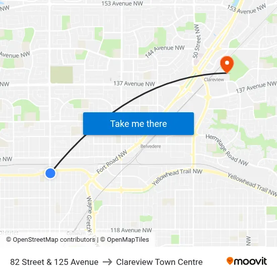 82 Street & 125 Avenue to Clareview Town Centre map