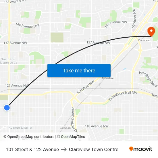 101 Street & 122 Avenue to Clareview Town Centre map