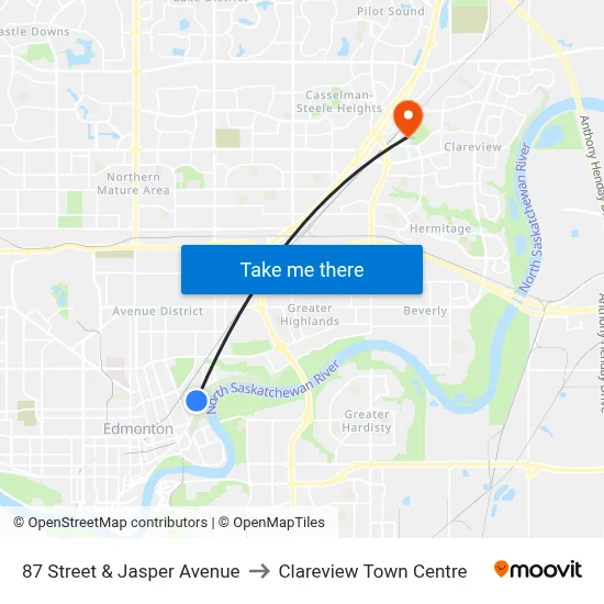87 Street & Jasper Avenue to Clareview Town Centre map