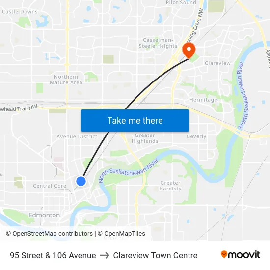 95 Street & 106 Avenue to Clareview Town Centre map