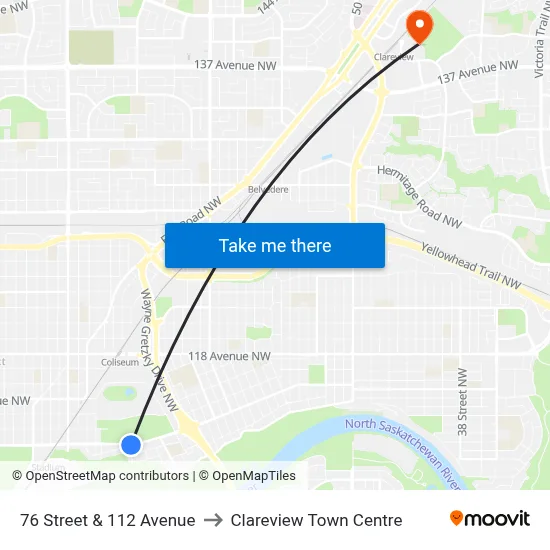 76 Street & 112 Avenue to Clareview Town Centre map