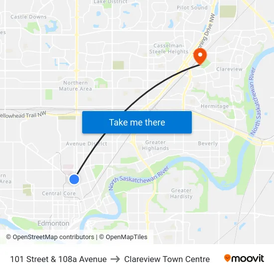 101 Street & 108a Avenue to Clareview Town Centre map