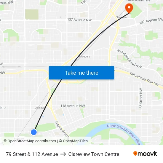 79 Street & 112 Avenue to Clareview Town Centre map
