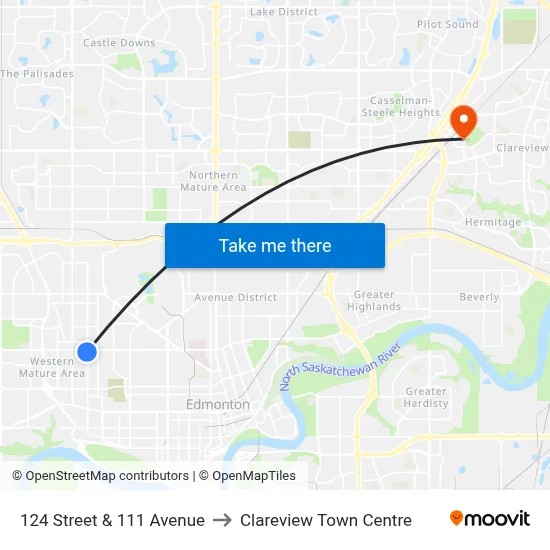 124 Street & 111 Avenue to Clareview Town Centre map