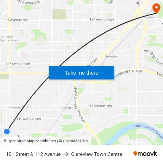 101 Street & 112 Avenue to Clareview Town Centre map