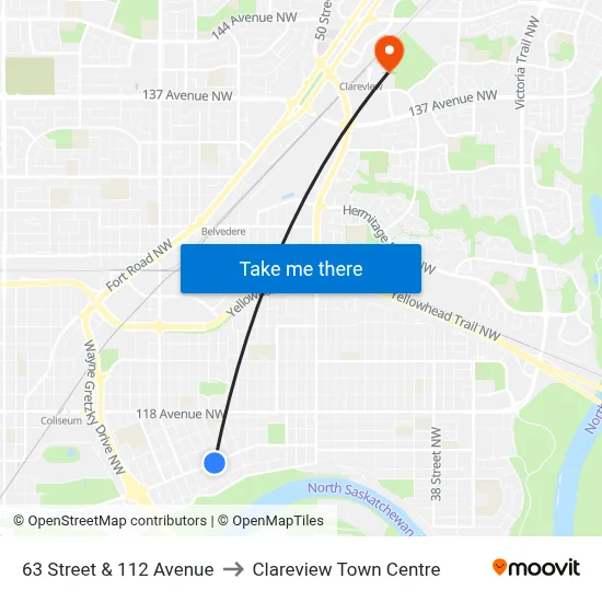 63 Street & 112 Avenue to Clareview Town Centre map