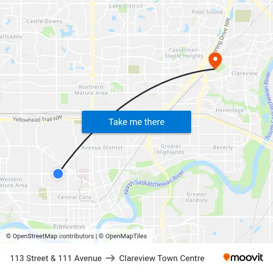 113 Street & 111 Avenue to Clareview Town Centre map