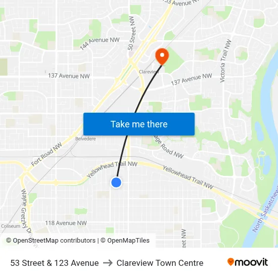 53 Street & 123 Avenue to Clareview Town Centre map
