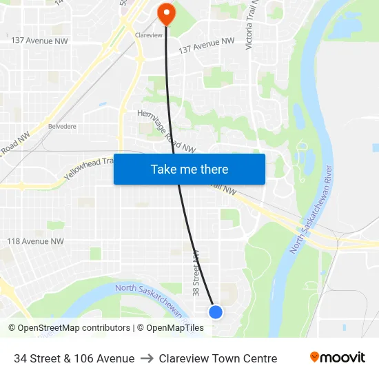 34 Street & 106 Avenue to Clareview Town Centre map