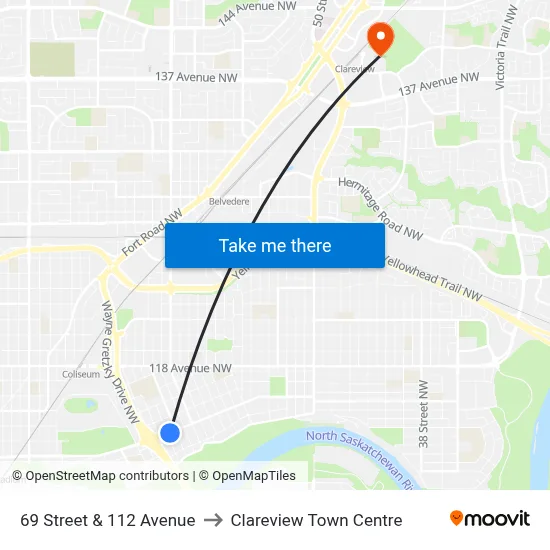 69 Street & 112 Avenue to Clareview Town Centre map